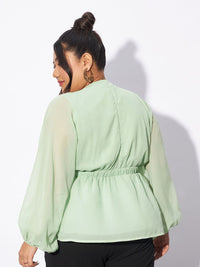 SASSAFRAS Curve Plus Size V-neck Batwing Sleeves Georgette Peplum Top