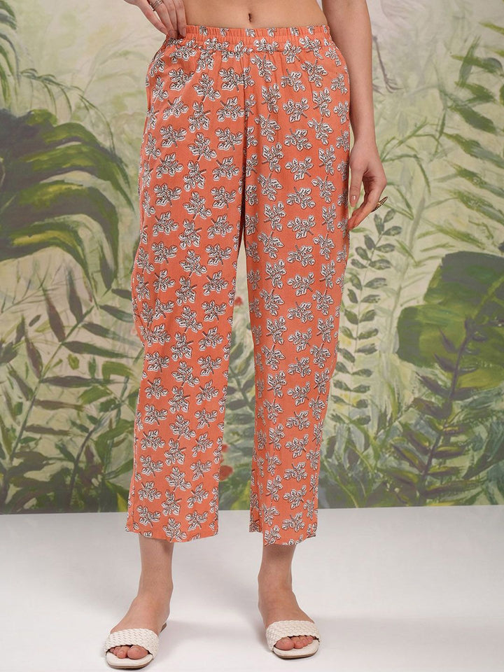 Vishudh Brown Floral Printed Keyhole Neck Pure Cotton A-Line Kurta With Trousers & Dupatta
