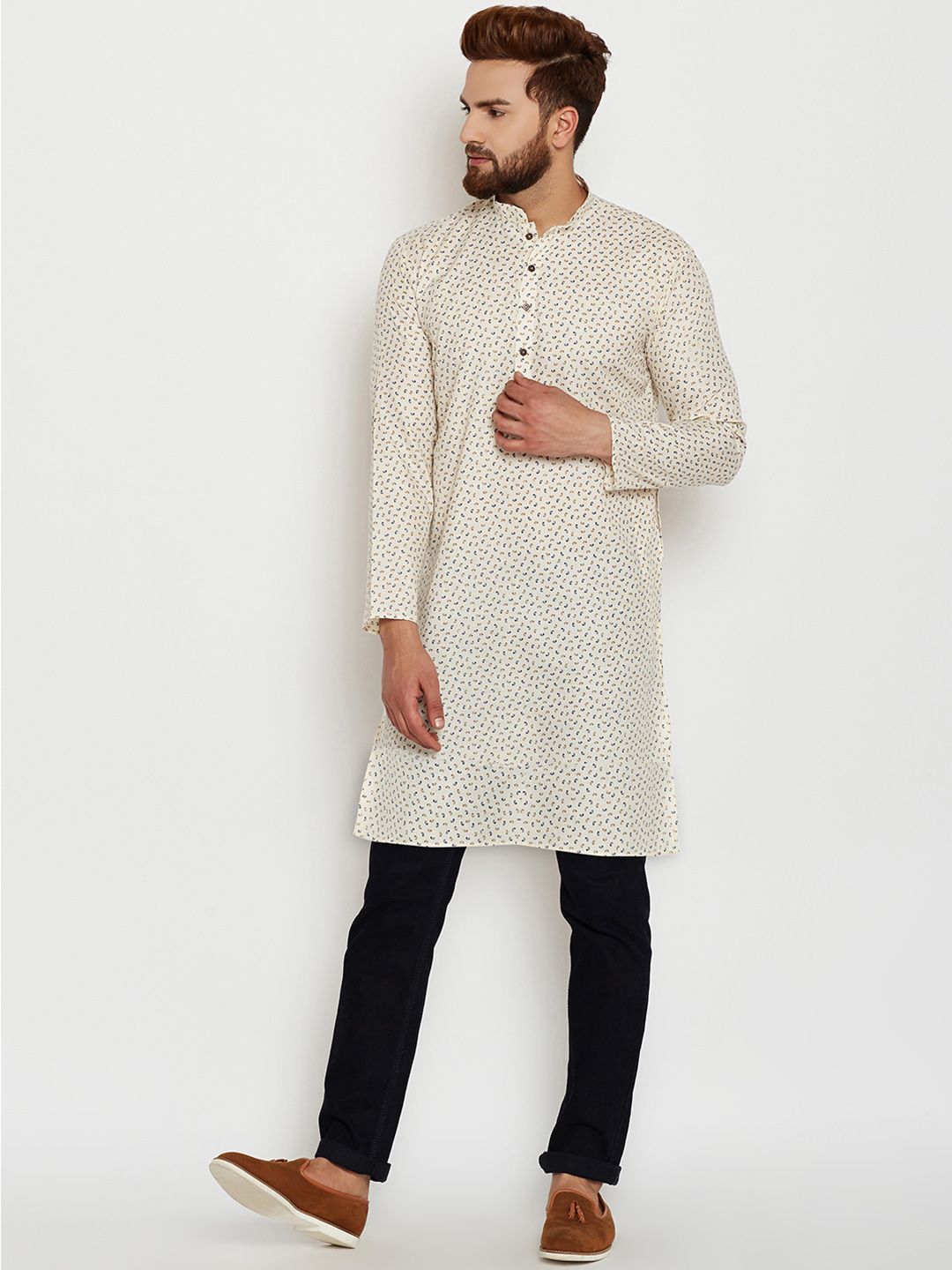 SOJANYA Lelaki Berwarna Krim & Navy Blue Printed Kurta Lurus