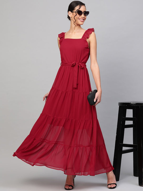SASSAFRAS Maroon Tiered Maxi Dress