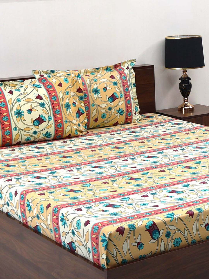 BOMBAY DYEING Cardinal Beige Floral Printed Cotton 120 TC Queen Bedsheet Set 2.54 x 2.24m