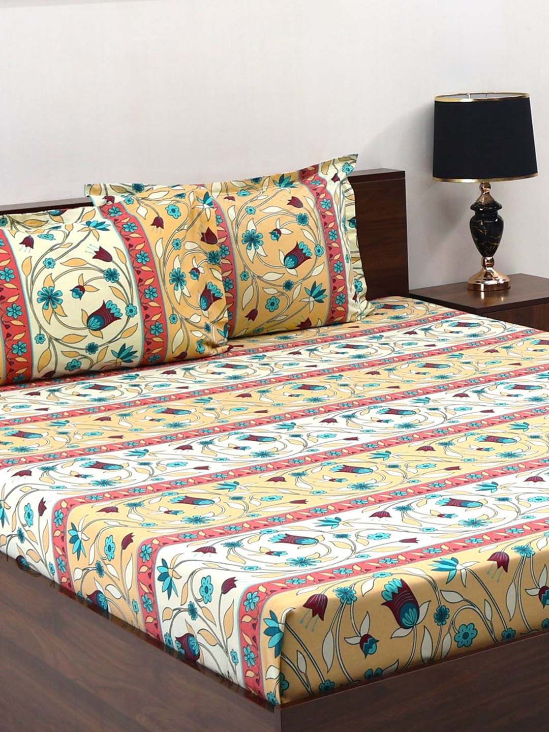 BOMBAY DYEING Cardinal Beige Floral Printed Cotton 120 TC Queen Bedsheet Set 2.54 x 2.24m