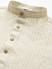 SOJANYA Men Cream-Coloured Striped Thread Work Straight Kurta Churidar with Nehru Jacket