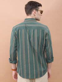 HIGHLANDER Green Vertical Striped Slim Fit Spread Collar Cotton Casual Shirt