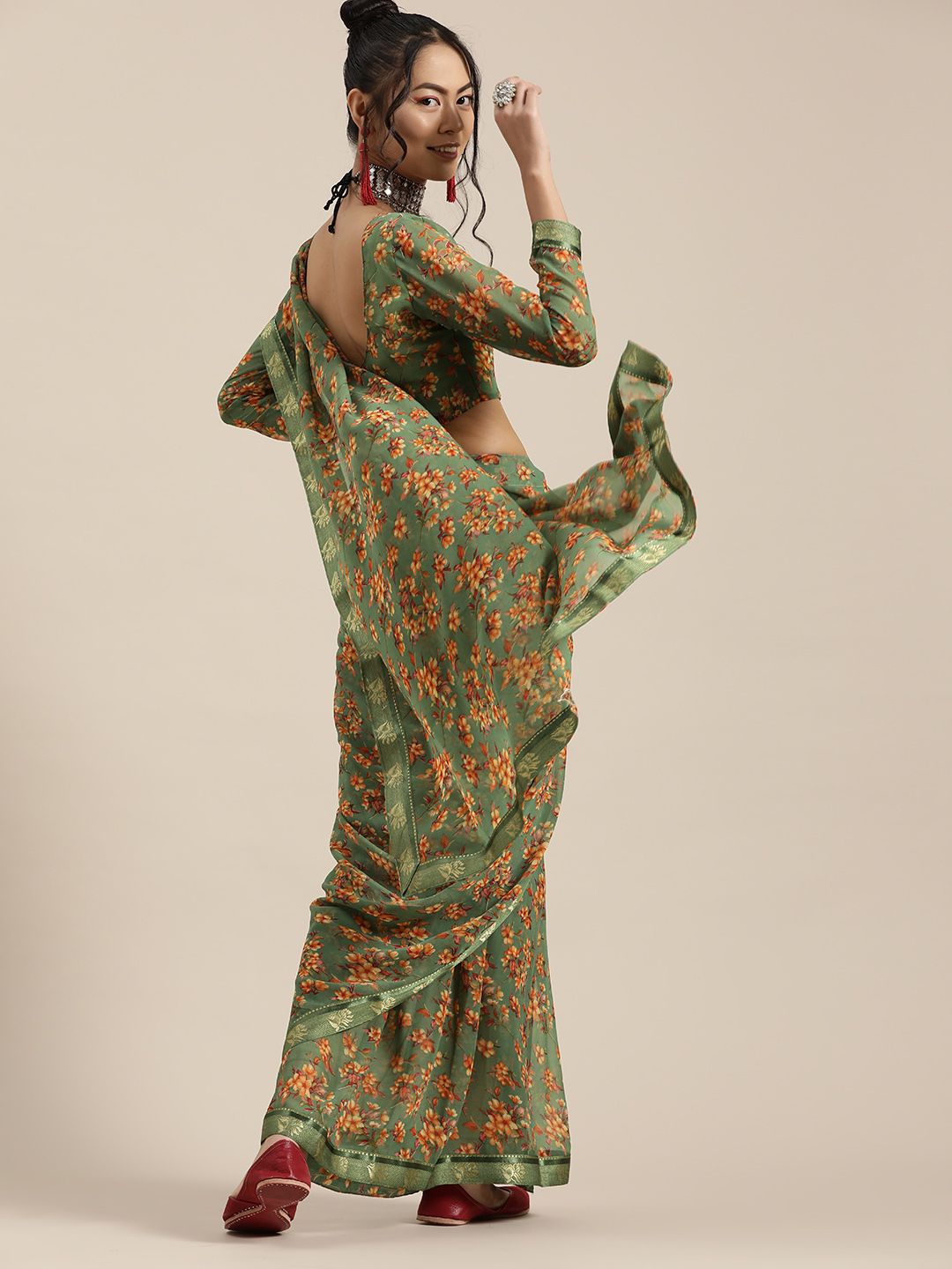 Saree mall Green Orange Poly Georgette Floral Print Bagru Saree