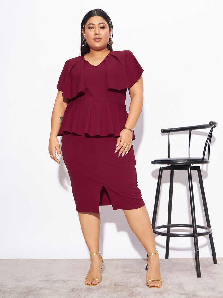 SASSAFRAS Curve Plus Size V-Neck Peplum Midi Dress