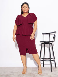 SASSAFRAS Curve Plus Size V-Neck Peplum Midi Dress