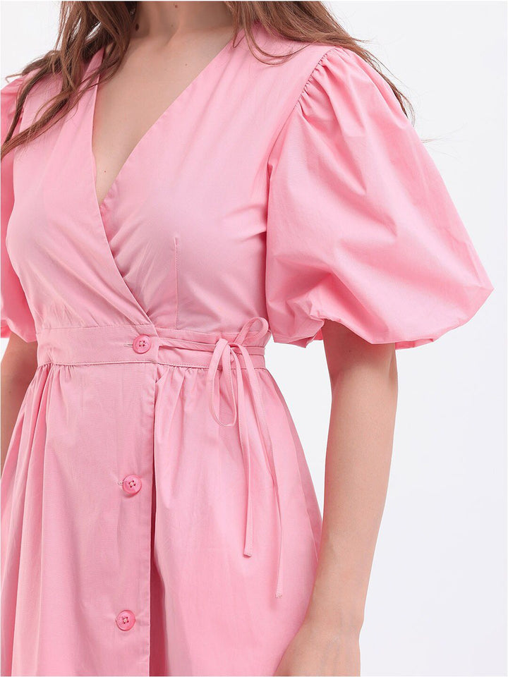 Rareism Puff Sleeve Midi Wrap Dress