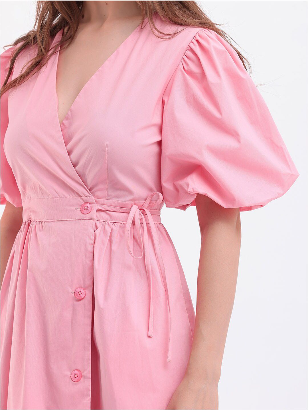 Rareism Puff Sleeve Midi Wrap Dress