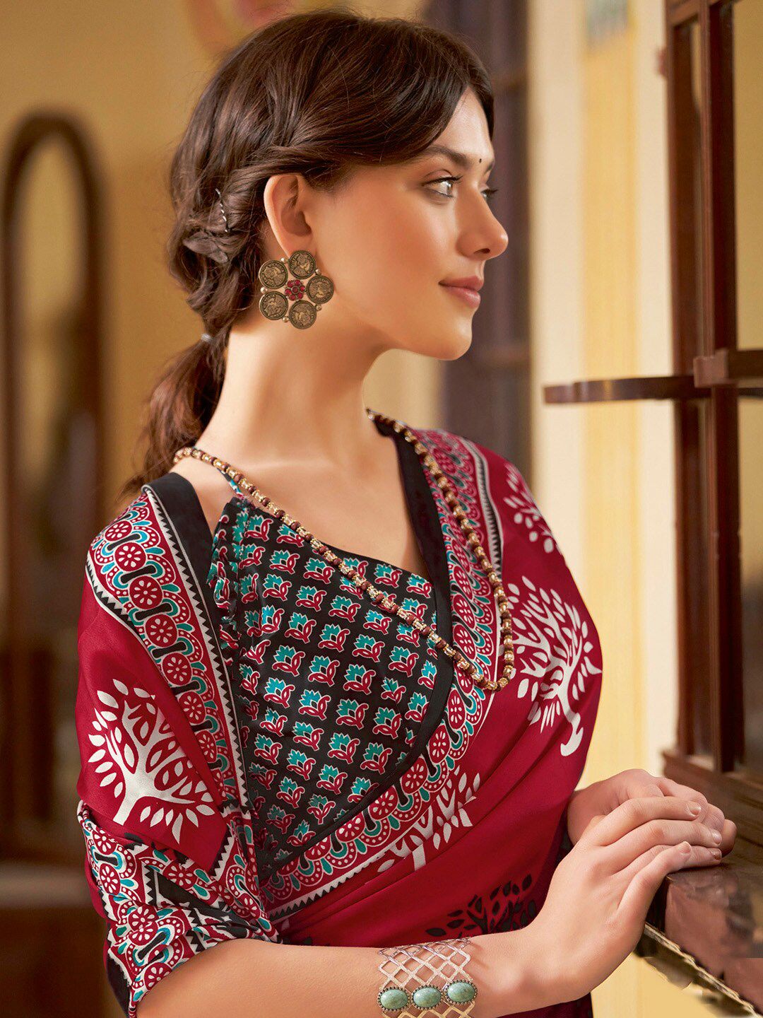 Saree mall modal Ajrak Block Poly Crepe Bagru SareesWith Blouse Piece