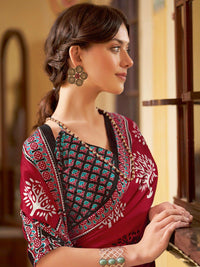 Saree mall modal Ajrak Block Poly Crepe Bagru SareesWith Blouse Piece