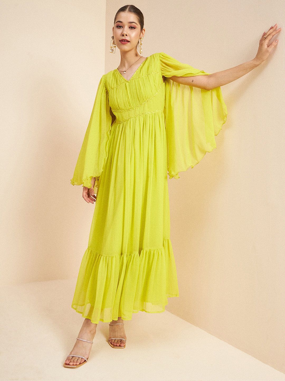 Antheaa Green V-Neck Slit Sleeves Embellished Detail Maxi Dress