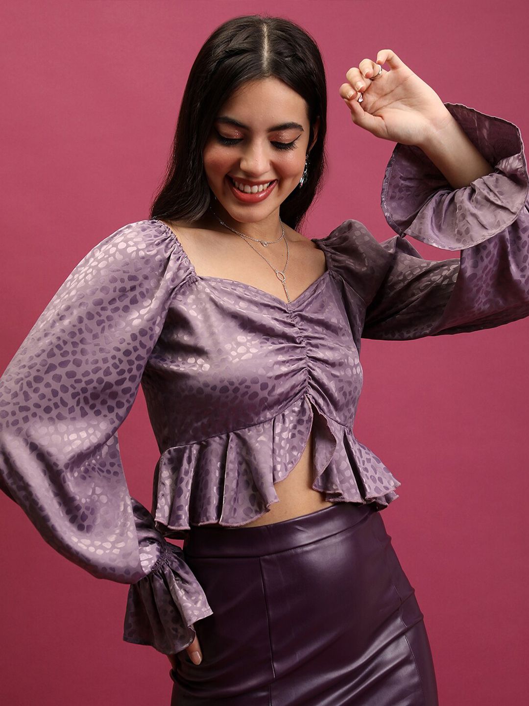 Tokyo Talkies Sweetheart Neck Bell Sleeve Ruched Ruffled Top