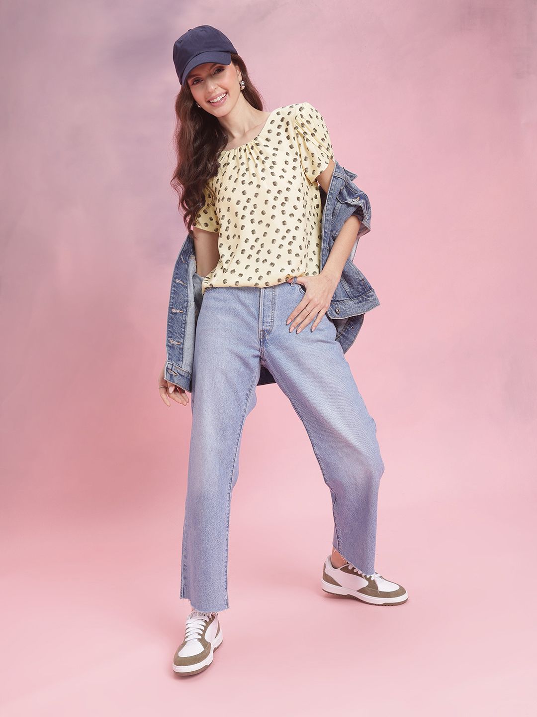 DressBerry Polka Dot Print Puff Sleeves Top