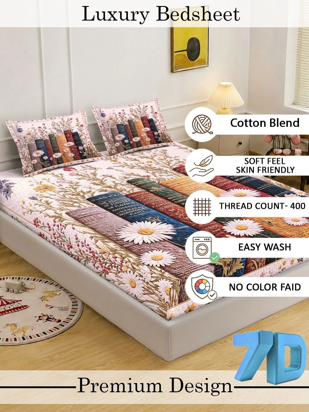 Moda Rapido X KLOTTHE Blue & Red Floral 400 TC King Bedsheet with 2 Pillow Covers