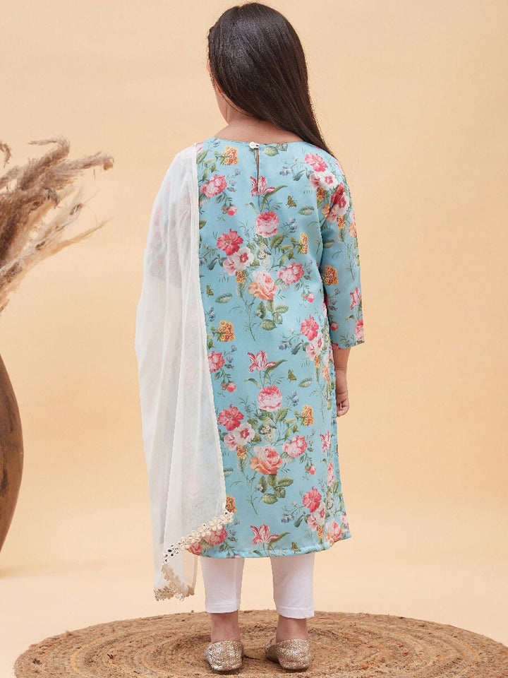 VASTRAMAY Girls Floral Printed Mirror Work Kurta with Leggings & Dupatta