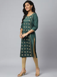 Aurelia Women Green Zari Embroidered Ethnic Liva Kurta