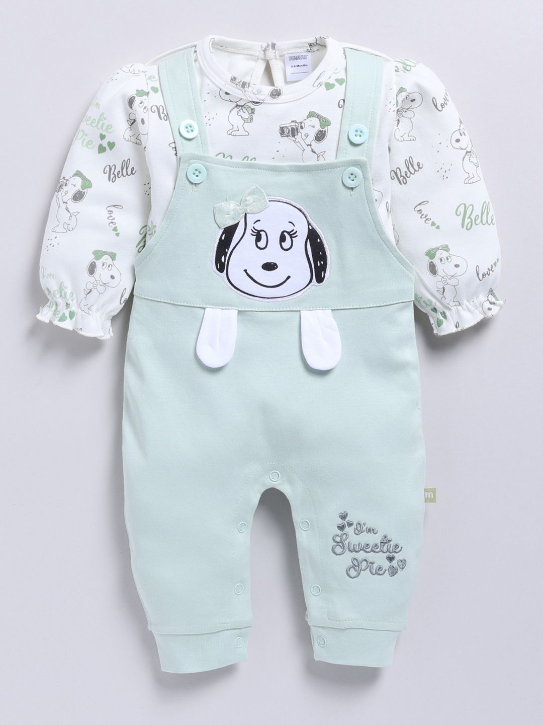 Moms Love Infants Girls Pure Cotton Applique Detail Dungaree With Printed T-Shirt