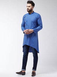 SOJANYA Lelaki Blue Printed Cotton Linen Kurta Lurus