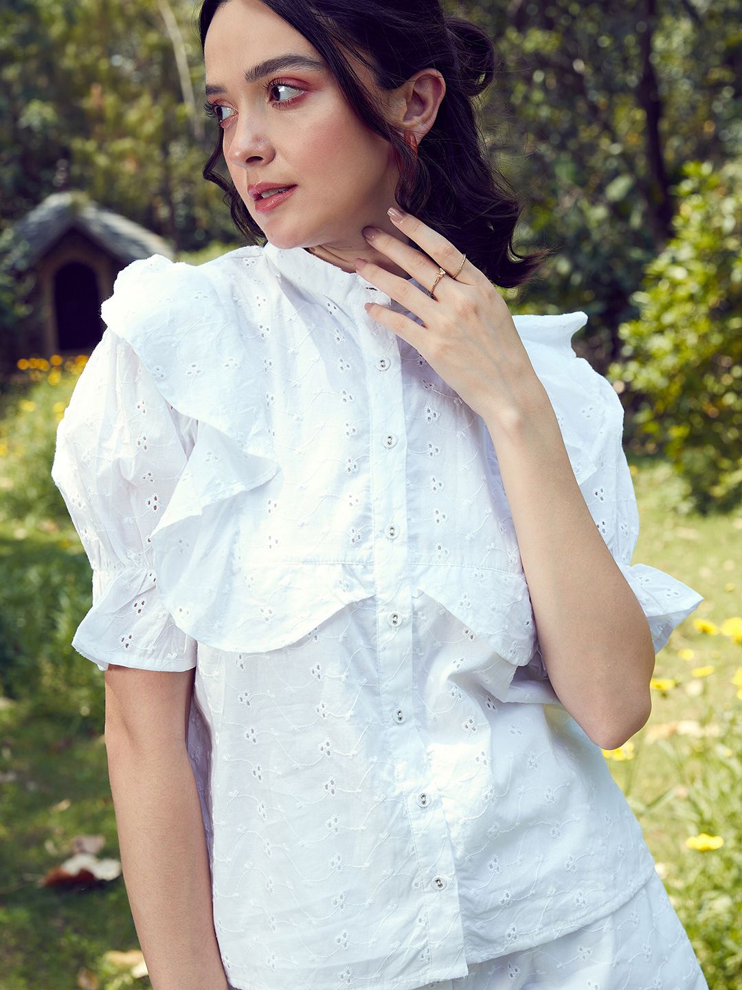SASSAFRAS White Schiffli Pure Cotton Shirt & Shorts