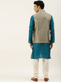 SOJANYA Men Teal Blue & Olive Green Jacquard Ethnic Motifs Straight Kurta with Churidar