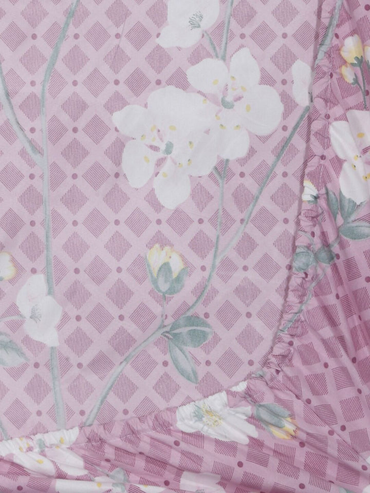 KLOTTHE Purple Floral Cotton Mesra Kulit 300 TC Dilengkapi Cadar King Halus dengan 2 Sarung Bantal-250 x 225 cm