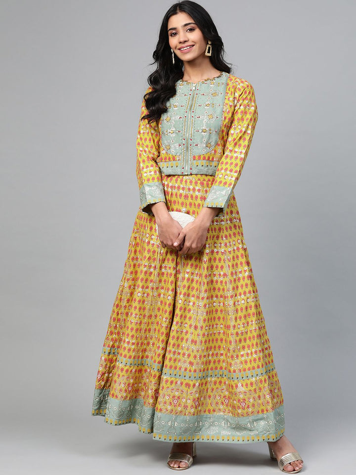 W Women Mustard Yellow & Red Sustainable Printed Top with Skirt