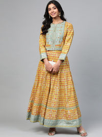 W Women Mustard Yellow & Red Sustainable Printed Top with Skirt