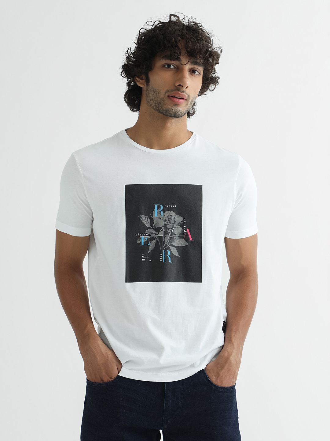 RARE RABBIT Men White Printed Pure Cotton Slim Fit T-shirt
