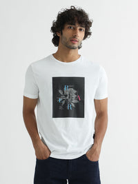 RARE RABBIT Men White Printed Pure Cotton Slim Fit T-shirt