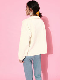 SASSAFRAS Women White Solid Faux Fur Tailored Jacket