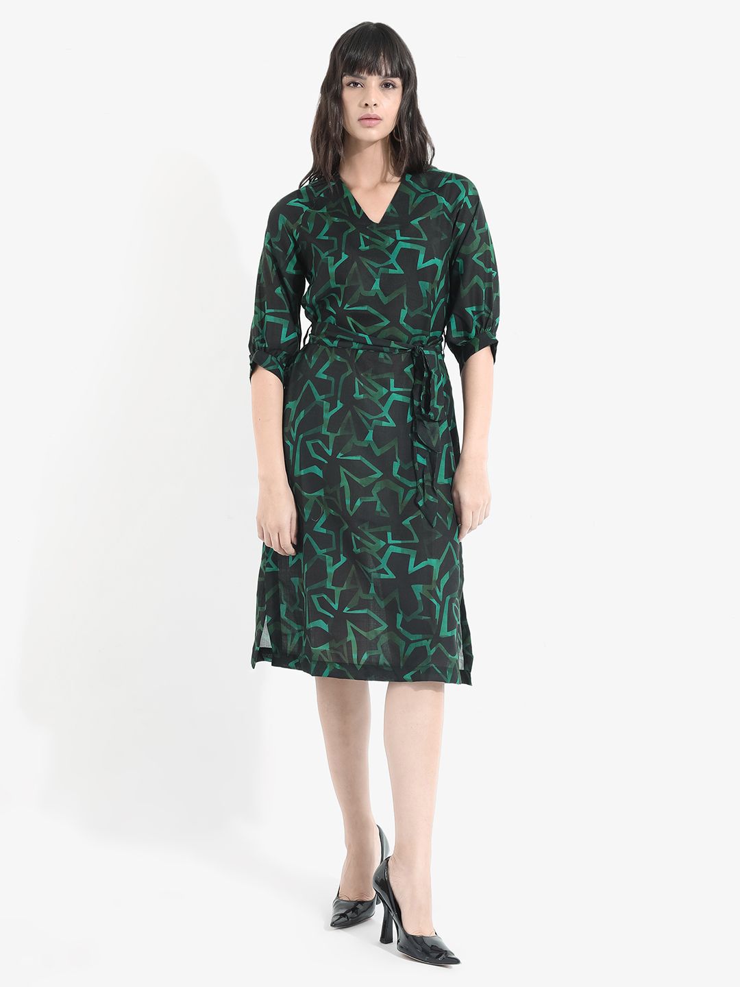 RAREISM Abstract Print Linen A-Line Midi Dress