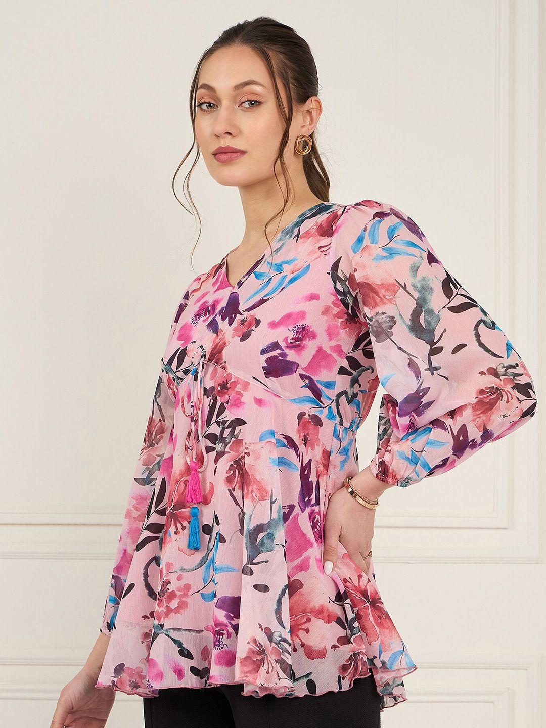 Antheaa Floral Print Puff Sleeve Chiffon Empire Top