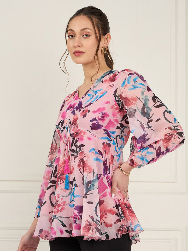 Antheaa Floral Print Puff Sleeve Chiffon Empire Top