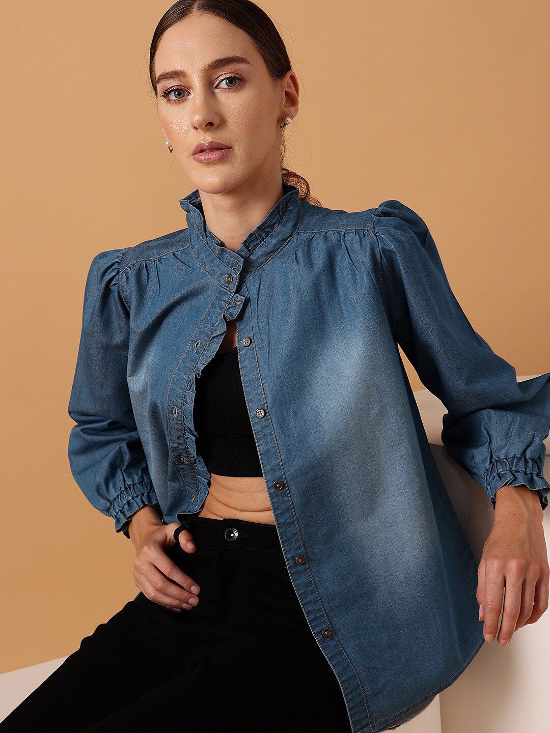 STREET 9 Comfort Mandarin Collar Puff Sleeves Pure Cotton Denim Casual Shirt