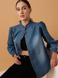 STREET 9 Comfort Mandarin Collar Puff Sleeves Pure Cotton Denim Casual Shirt