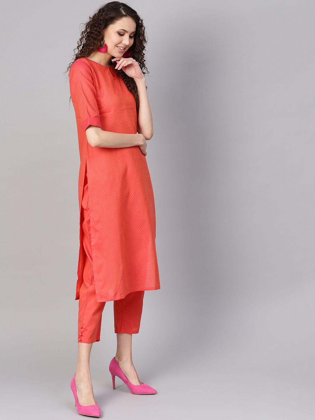 Gerua By Libas Women Coral Red  Pink Self Design Kurta with Trousers