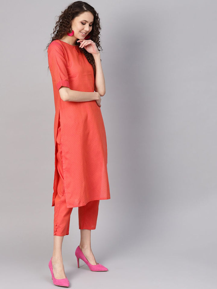 Gerua By Libas Women Coral Red  Pink Self Design Kurta with Trousers