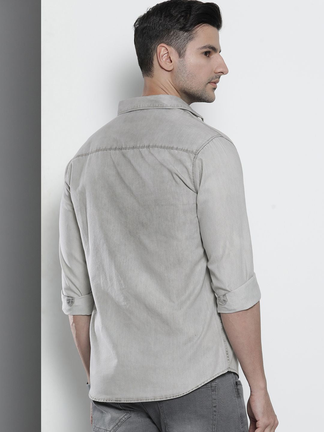 The Indian Garage Co Men Grey Slim Fit Faded Denim Casual Shirt