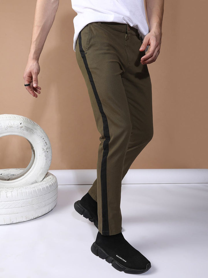 The Indian Garage Co Men Olive Green Slim Fit Solid Chinos With Side Strip Detail