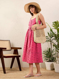 SASSAFRAS Pink Self Design Pure Cotton Fit & Flare Midi Dress