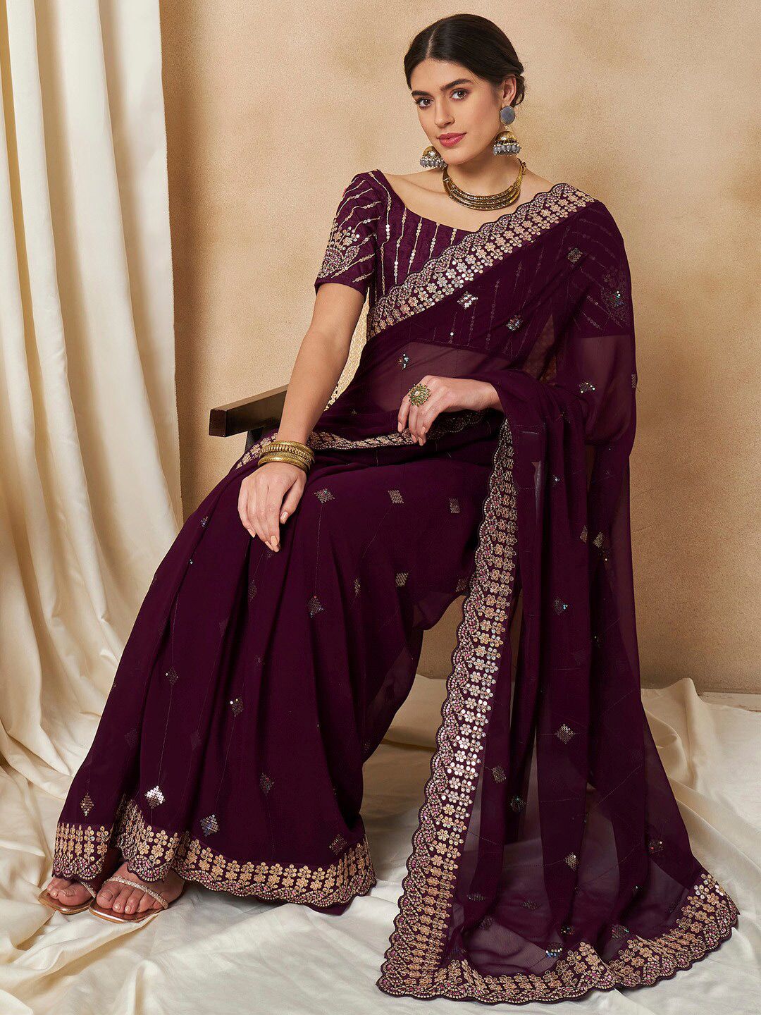Saree mall Embellished Sequinned Poly Georgette Sarees