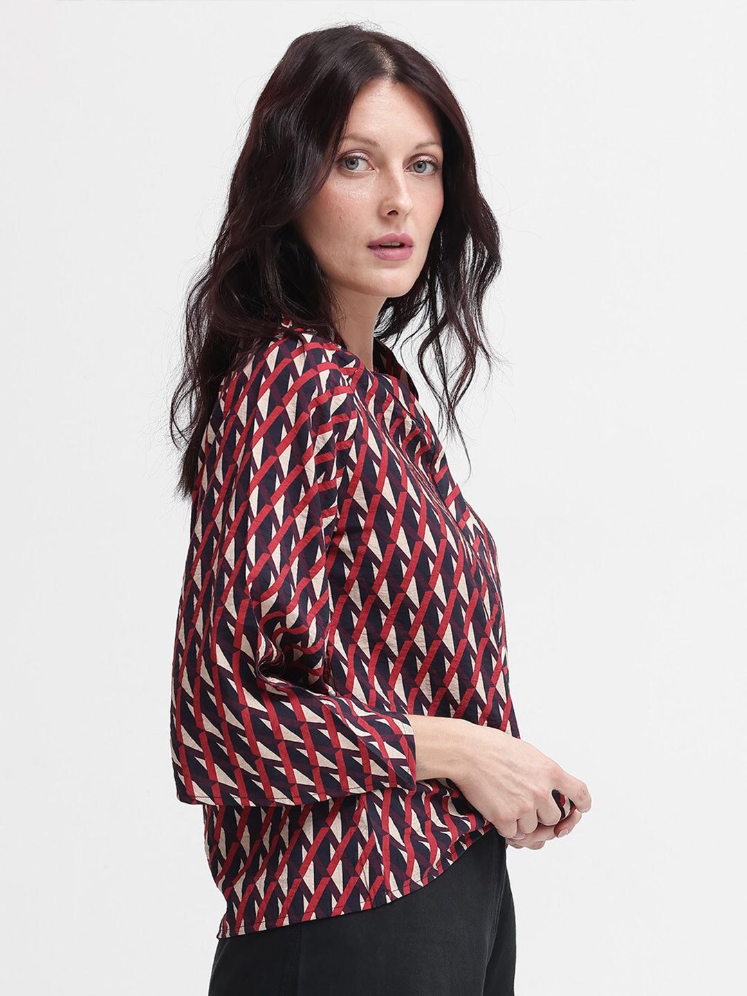 RAREISM Geometric Print Flared Sleeve Cotton Top