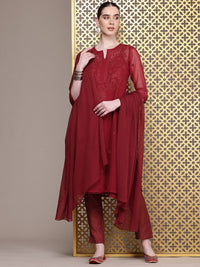 House of Pataudi Floral Embroidered Regular Chikankari Jashn Kurta with Trousers & Dupatta