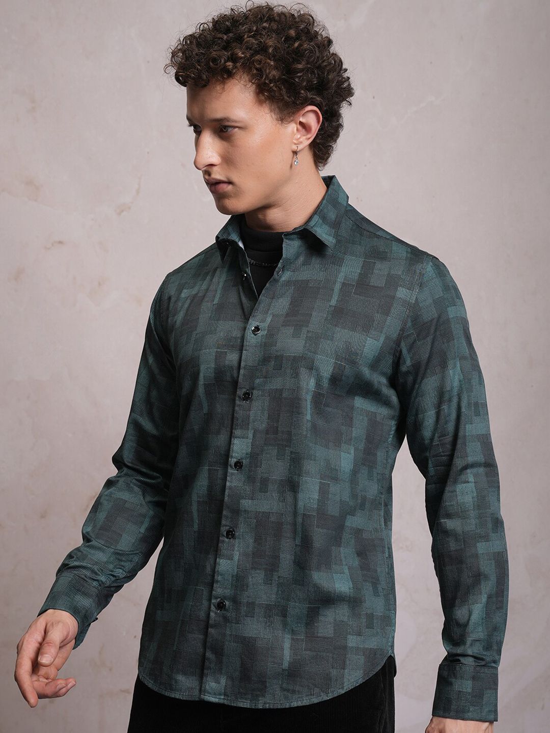 LOCOMOTIVE Luxe Slim Fit Geometric Printed Satin Party Shirt