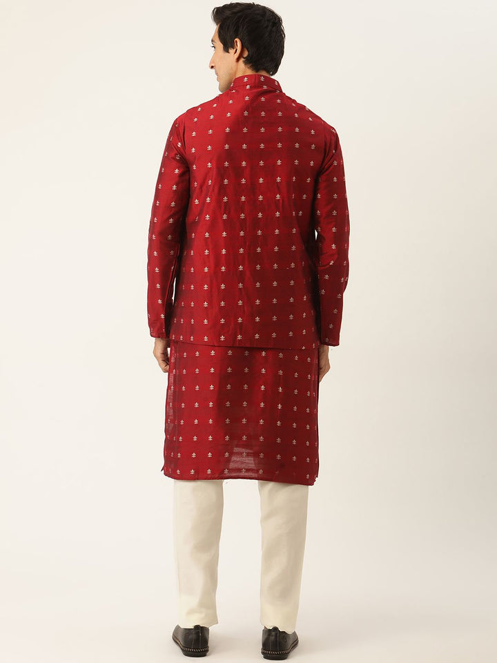 SOJANYA Kurta Motif Etnik Maroon Lelaki dengan Jaket Churidar & Nehru