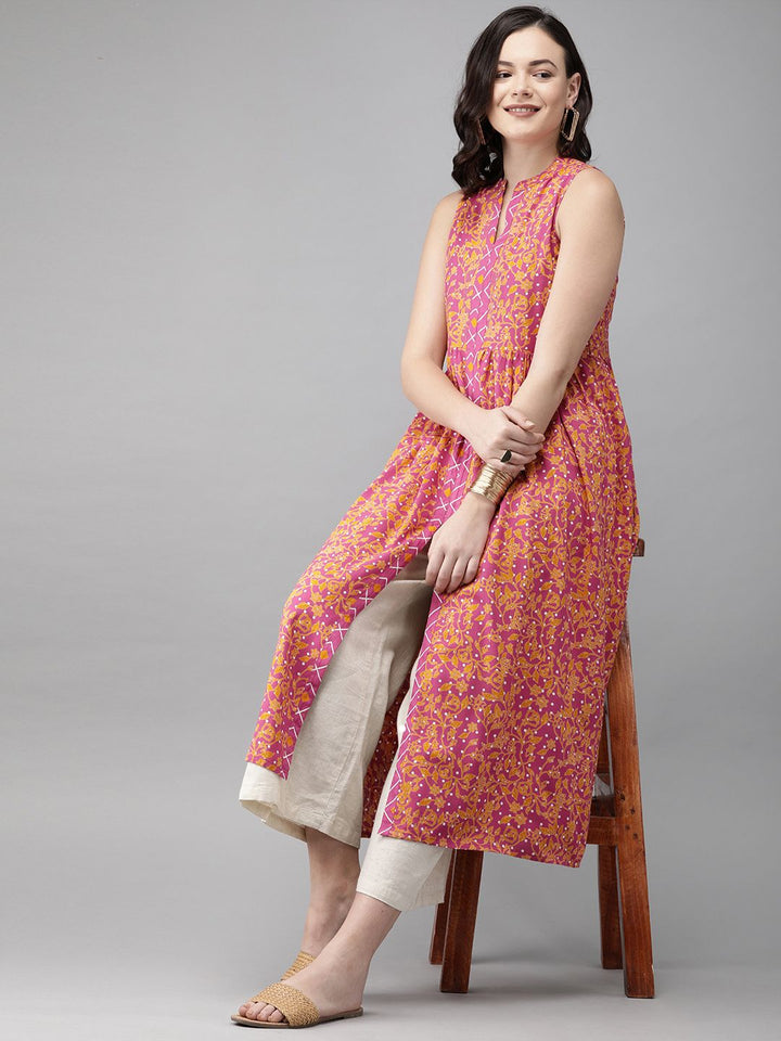 Anouk Women Pink & Mustard Yellow Printed A-Line Kurta
