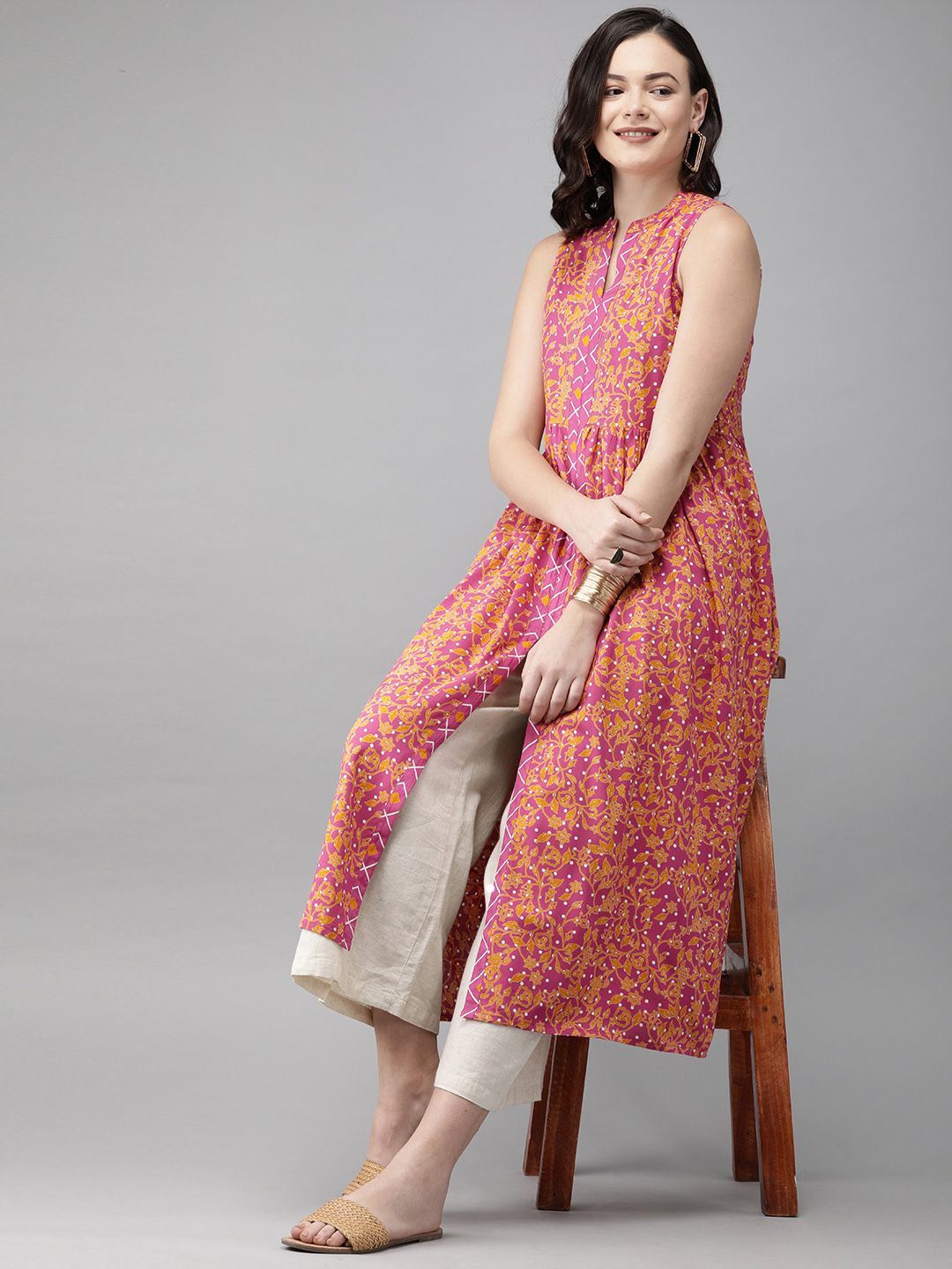 Anouk Women Pink & Mustard Yellow Printed A-Line Kurta
