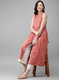 Anouk Women Pink & Mustard Yellow Printed A-Line Kurta