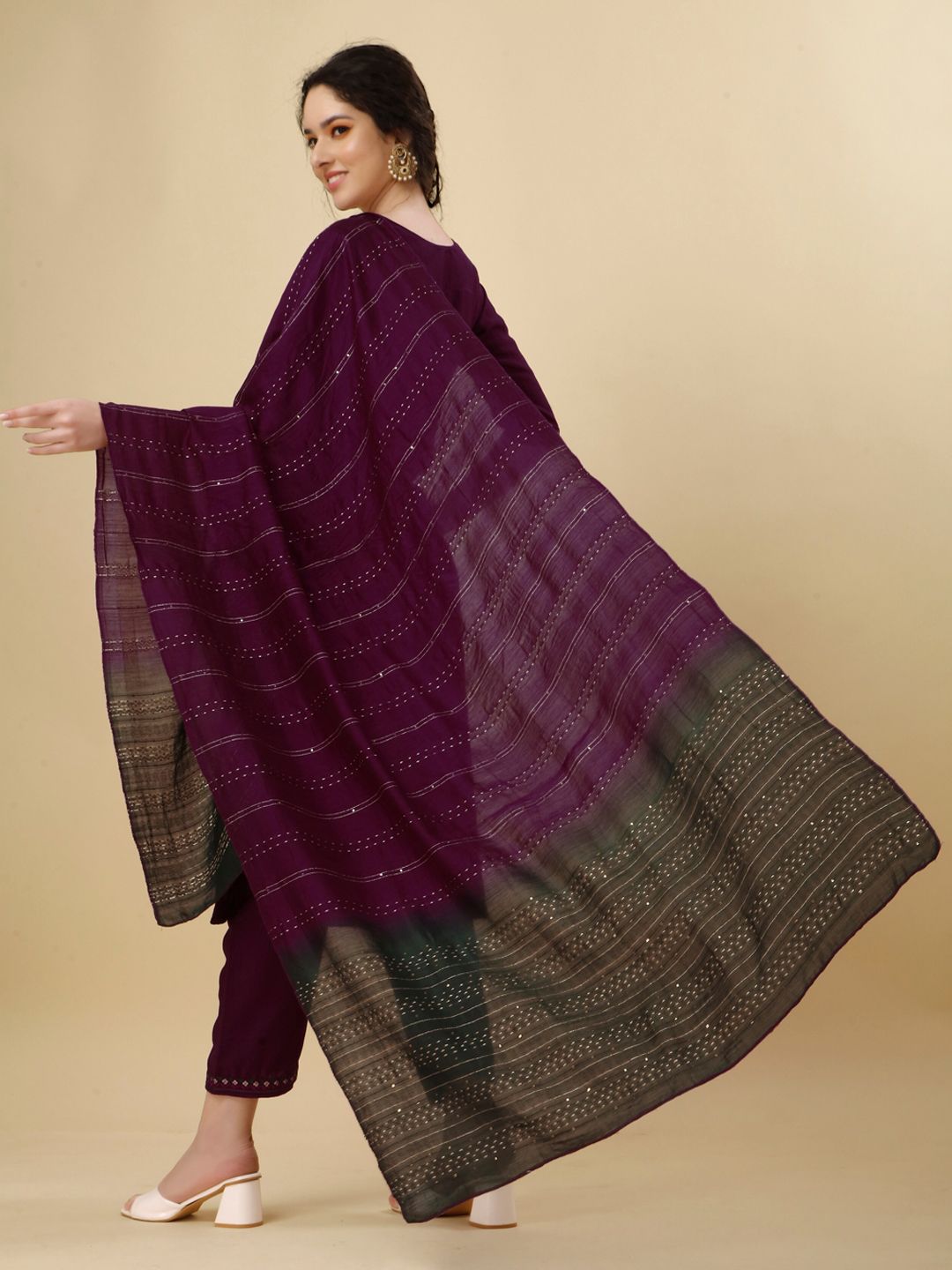 KALINI Chinon Sequin Embroidered Kurta & Trousers with Ombre Chanderi Dupatta Set